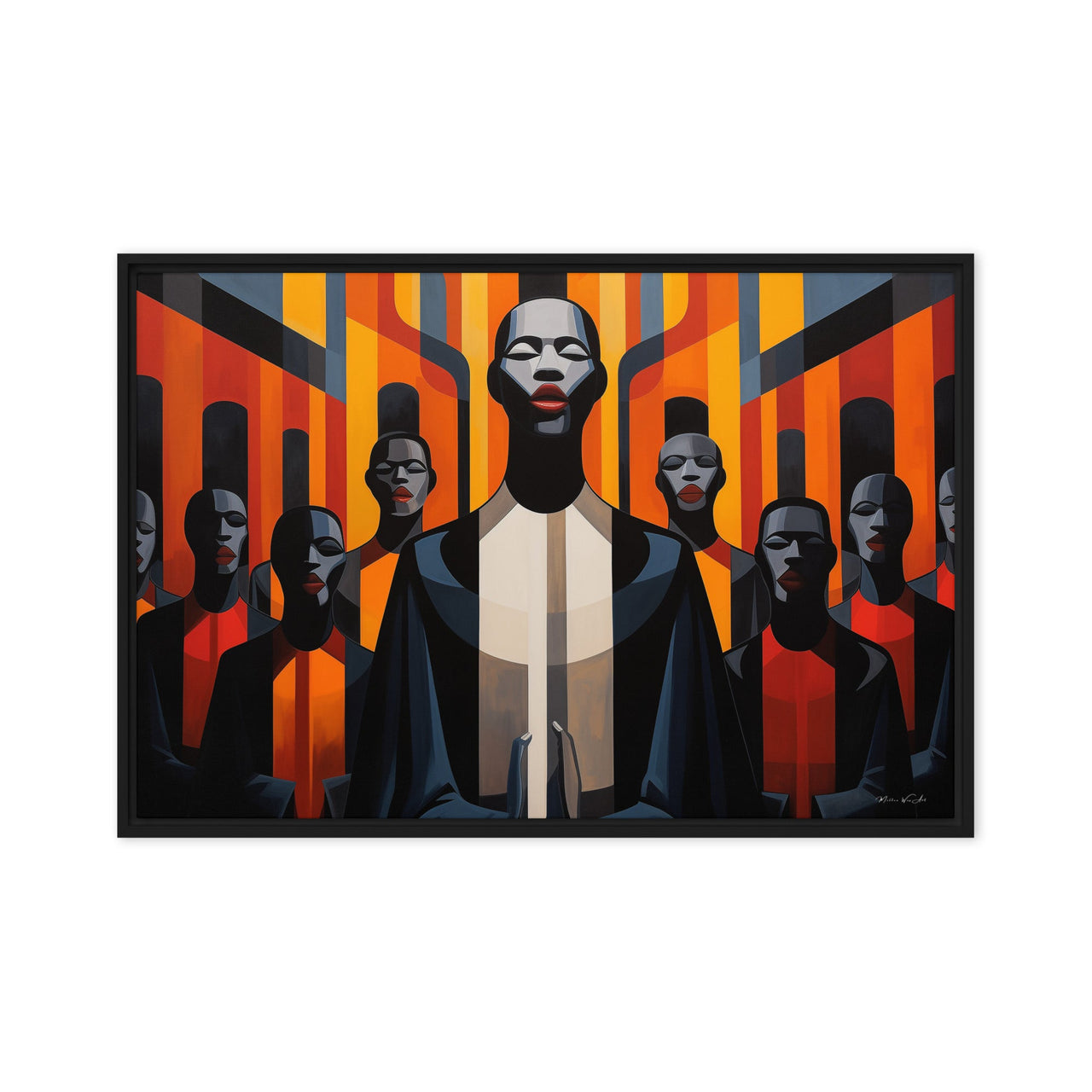 Dynamic framed canvas print from Milton Wes Art featuring a central figure surrounded by silhouetted characters against a patterned backdrop, a striking piece from the Harlem-based retailer miltonwesart.com