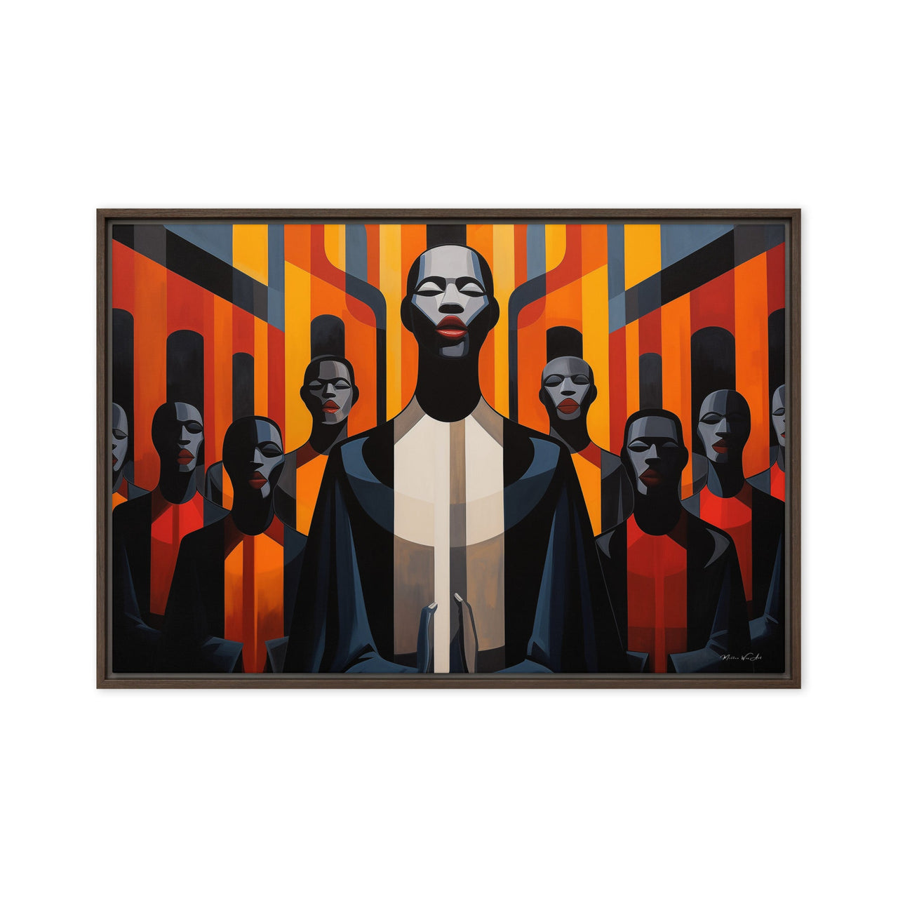 Dynamic framed canvas print from Milton Wes Art featuring a central figure surrounded by silhouetted characters against a patterned backdrop, a striking piece from the Harlem-based retailer miltonwesart.com