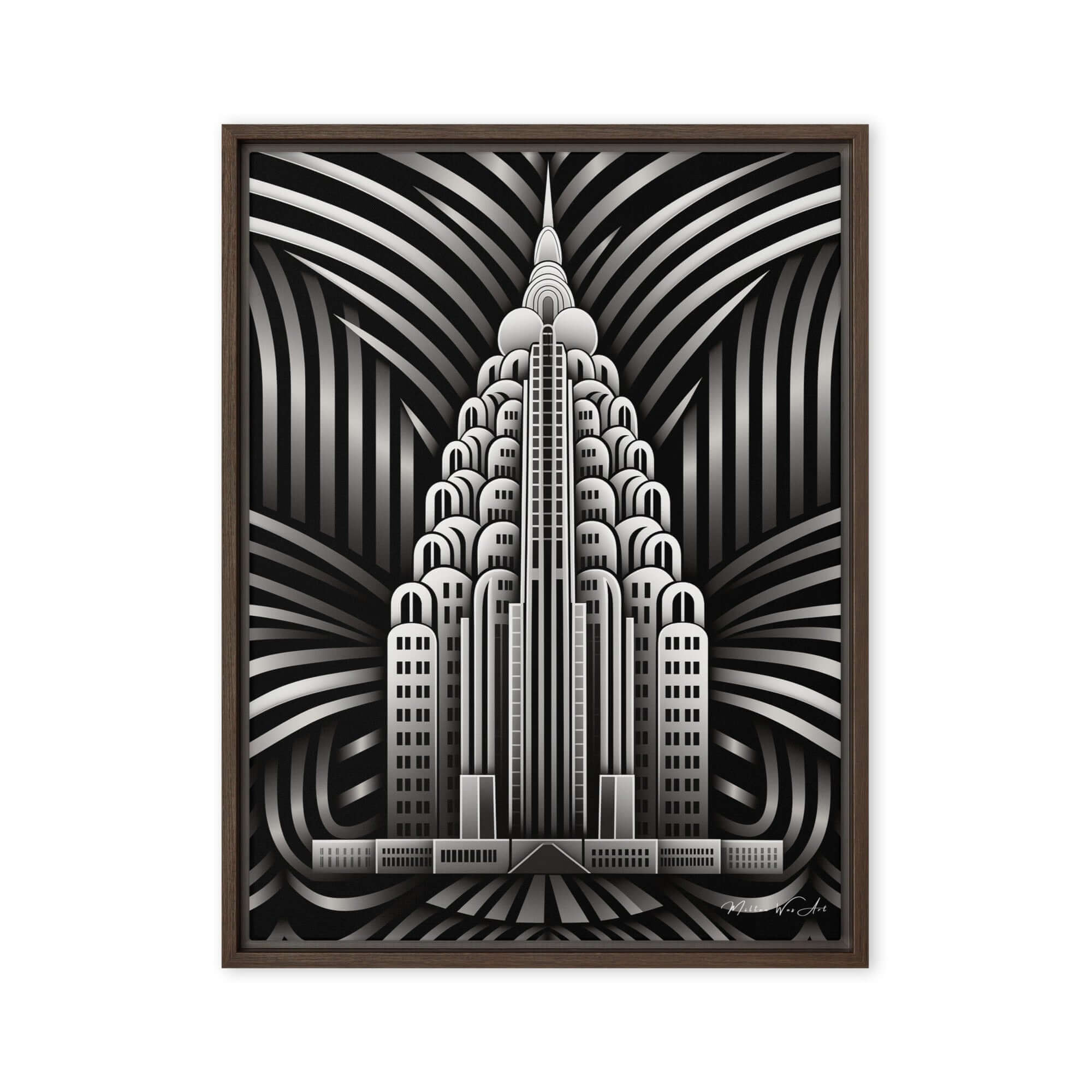 Contemporary deco art ‘Monochrome Art Deco Skyscraper Framed Canvas’, featuring sleek, modern design elements that enhance any space with a bold, artistic statement by Milton Wes Art.