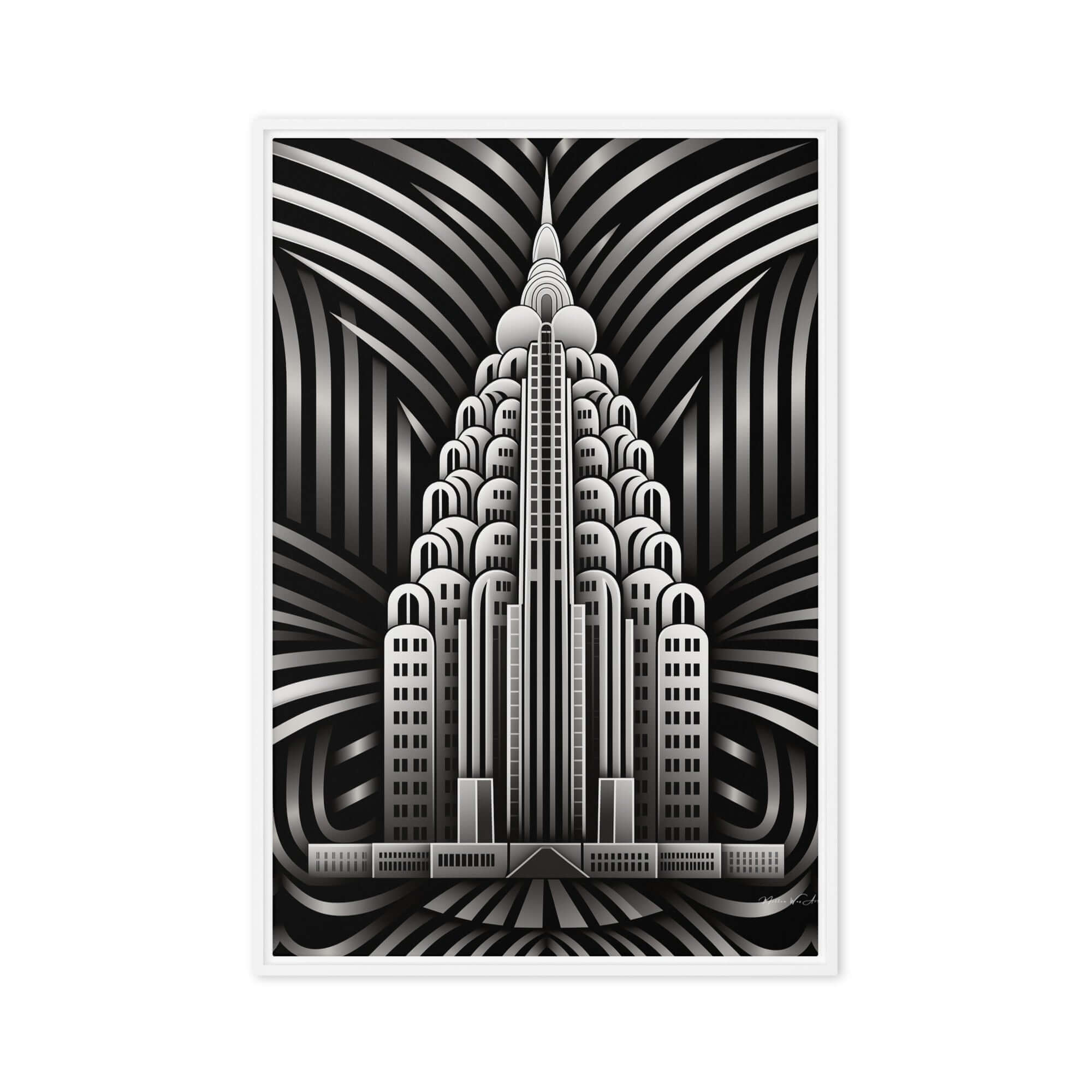 Contemporary deco art ‘Monochrome Art Deco Skyscraper Framed Canvas’, featuring sleek, modern design elements that enhance any space with a bold, artistic statement by Milton Wes Art.