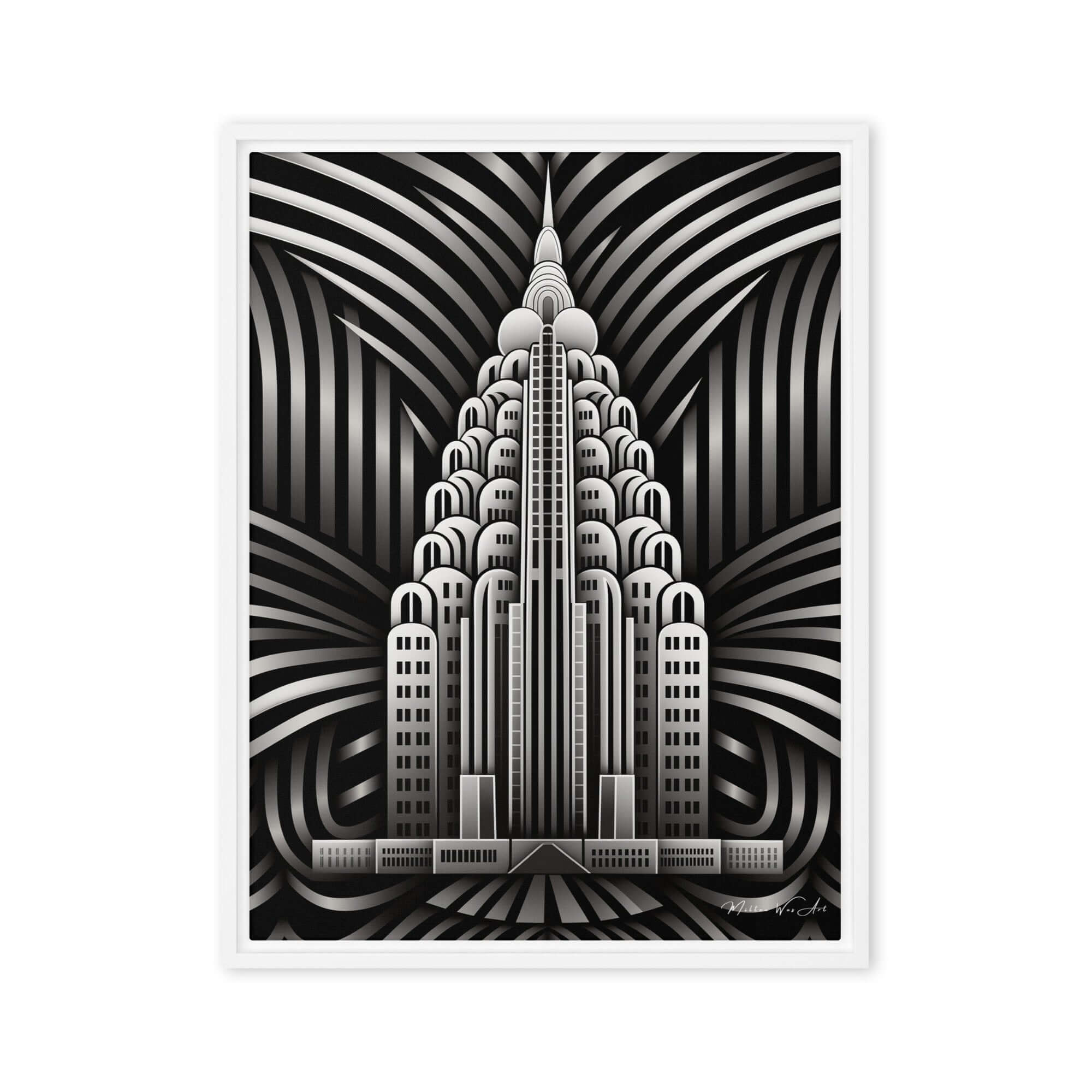 Contemporary deco art ‘Monochrome Art Deco Skyscraper Framed Canvas’, featuring sleek, modern design elements that enhance any space with a bold, artistic statement by Milton Wes Art.