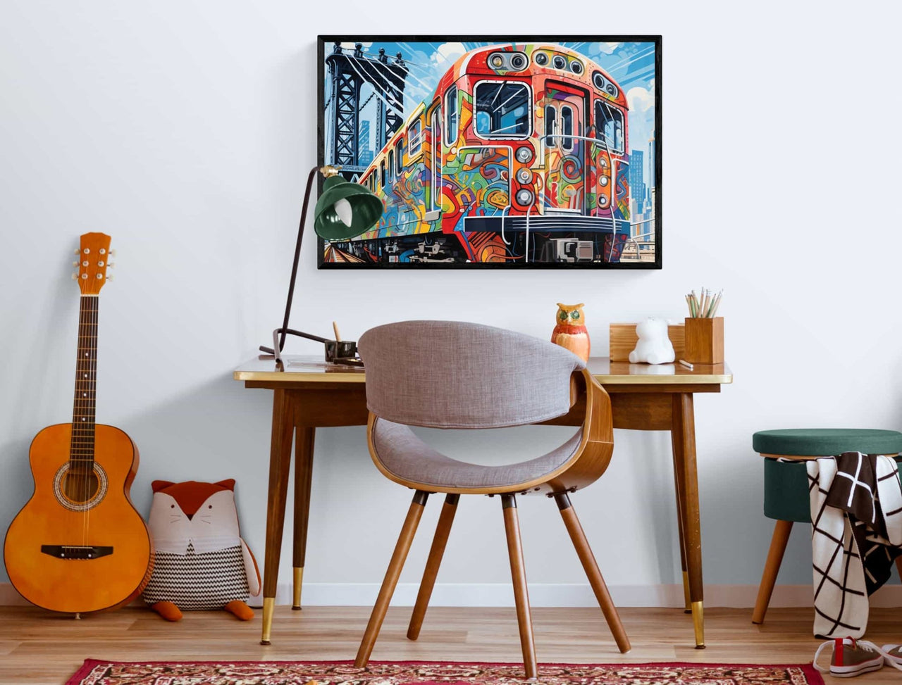 colorful graffiti art styled train canvas print with urban cityscape background