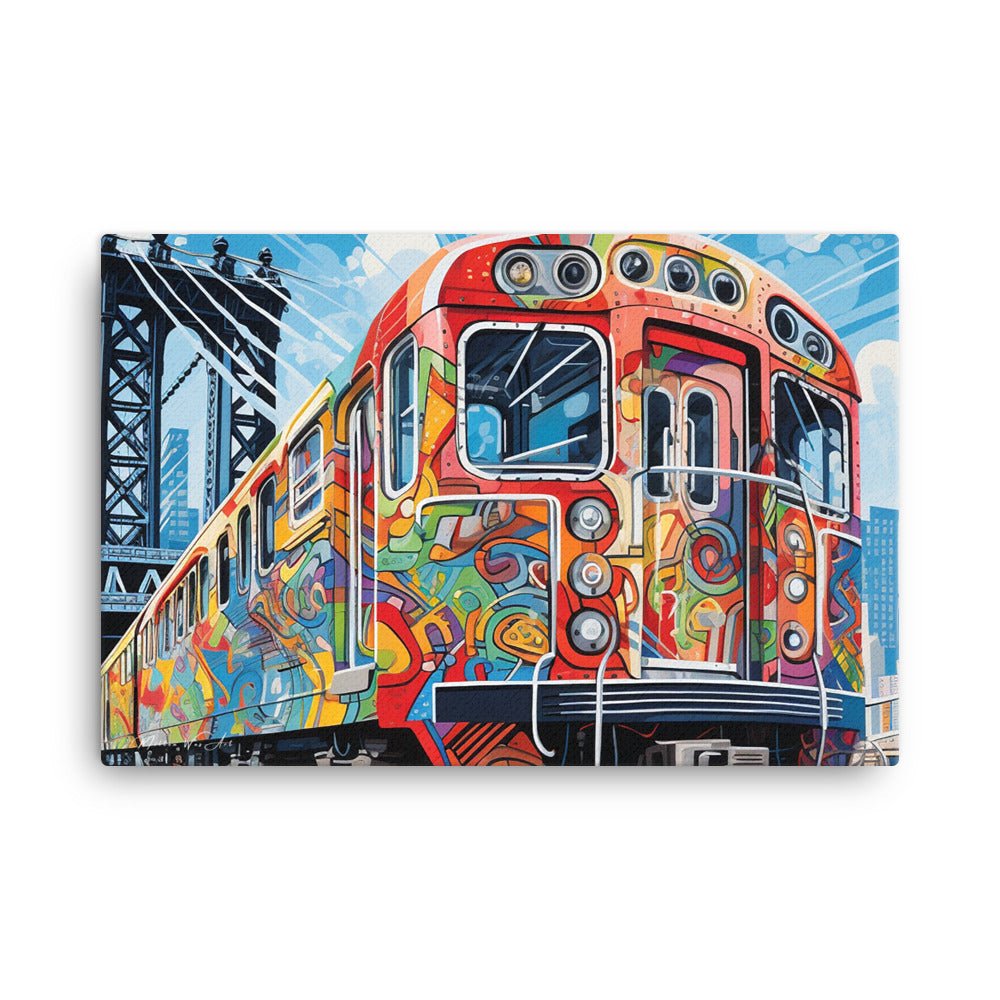 colorful graffiti art styled train canvas print with urban cityscape background