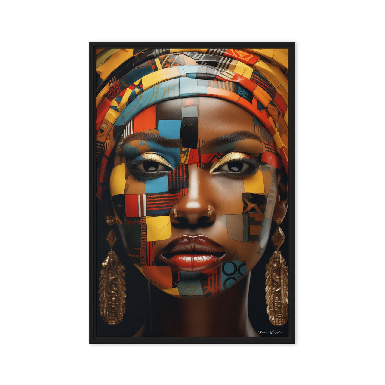 Captivating artwork from Milton Wes Art, showcasing a woman with intricate face paint in a tapestry of rich colors, hung on a charcoal wall in a modernly styled room with a glass-fronted wardrobe and circular leather ottoman.