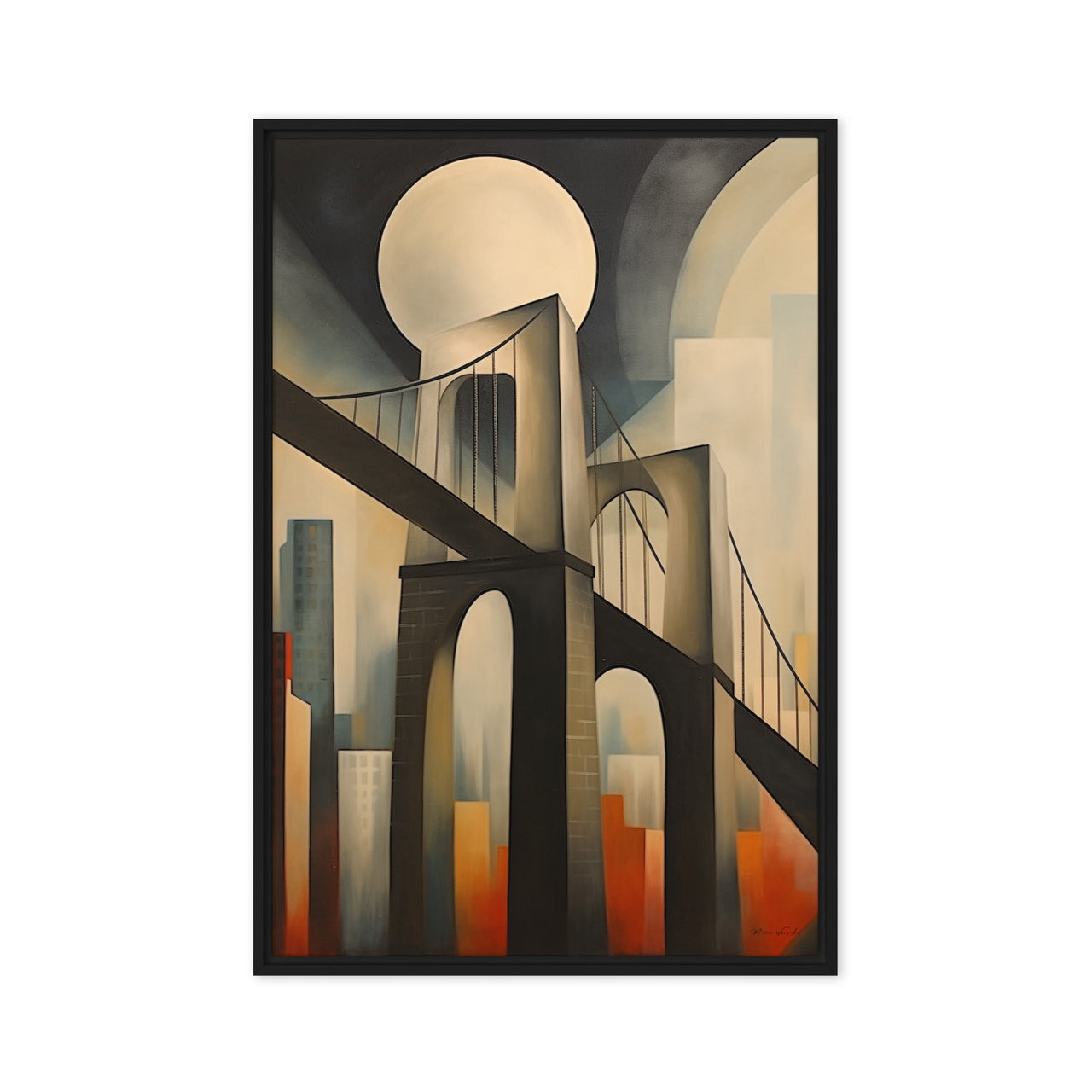 Sleek framed canvas artwork from Milton Wes Art featuring abstract architectural elements and muted tones, creating a sophisticated atmosphere in a stylishly decorated workspace, available at miltonwesart.com, Harlem NYC.