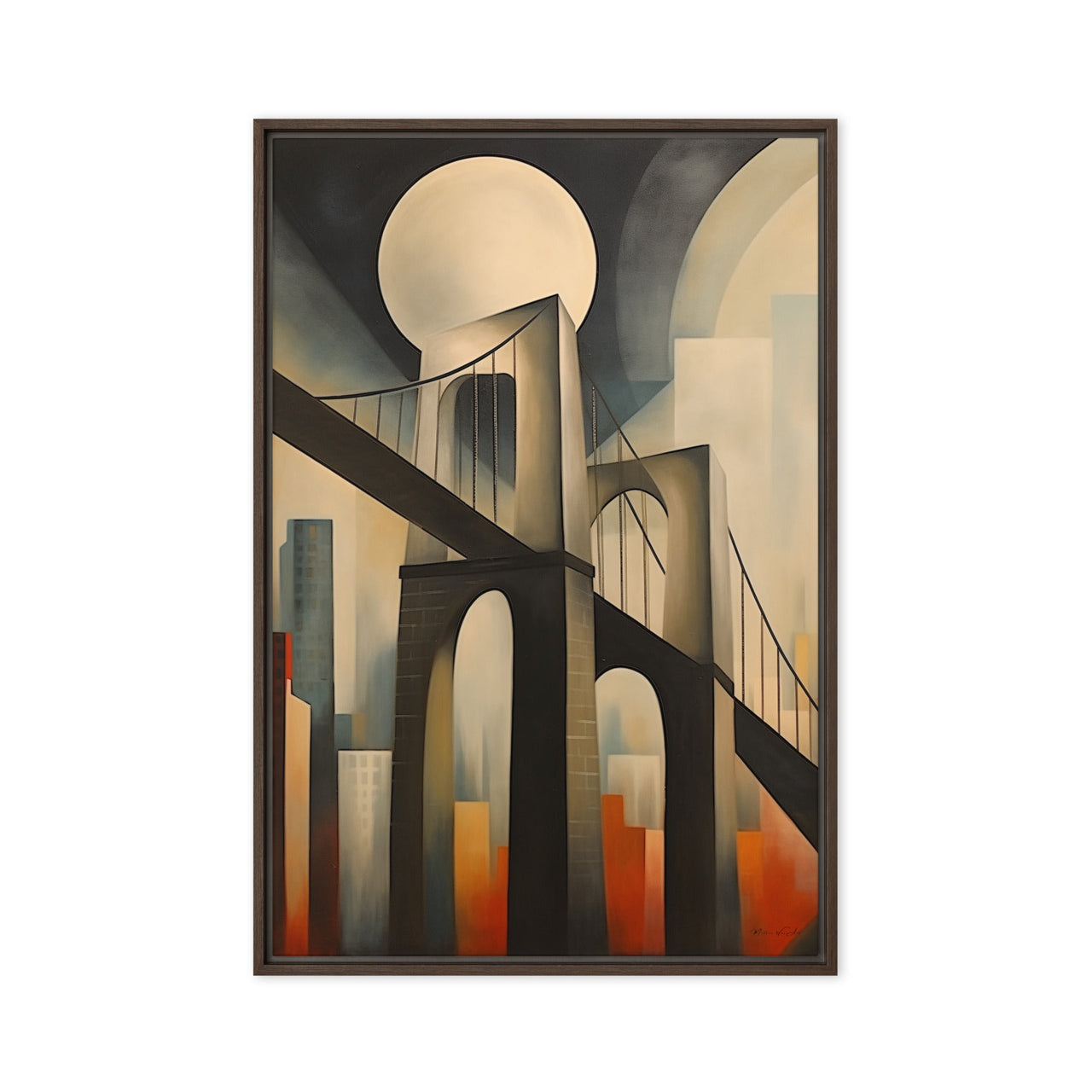 Abstract canvas art from Milton Wes Art depicting a stylized bridge and urban skyline in earthy and warm tones, framed and perfect for modern decor, available at miltonwesart.com, Harlem NYC