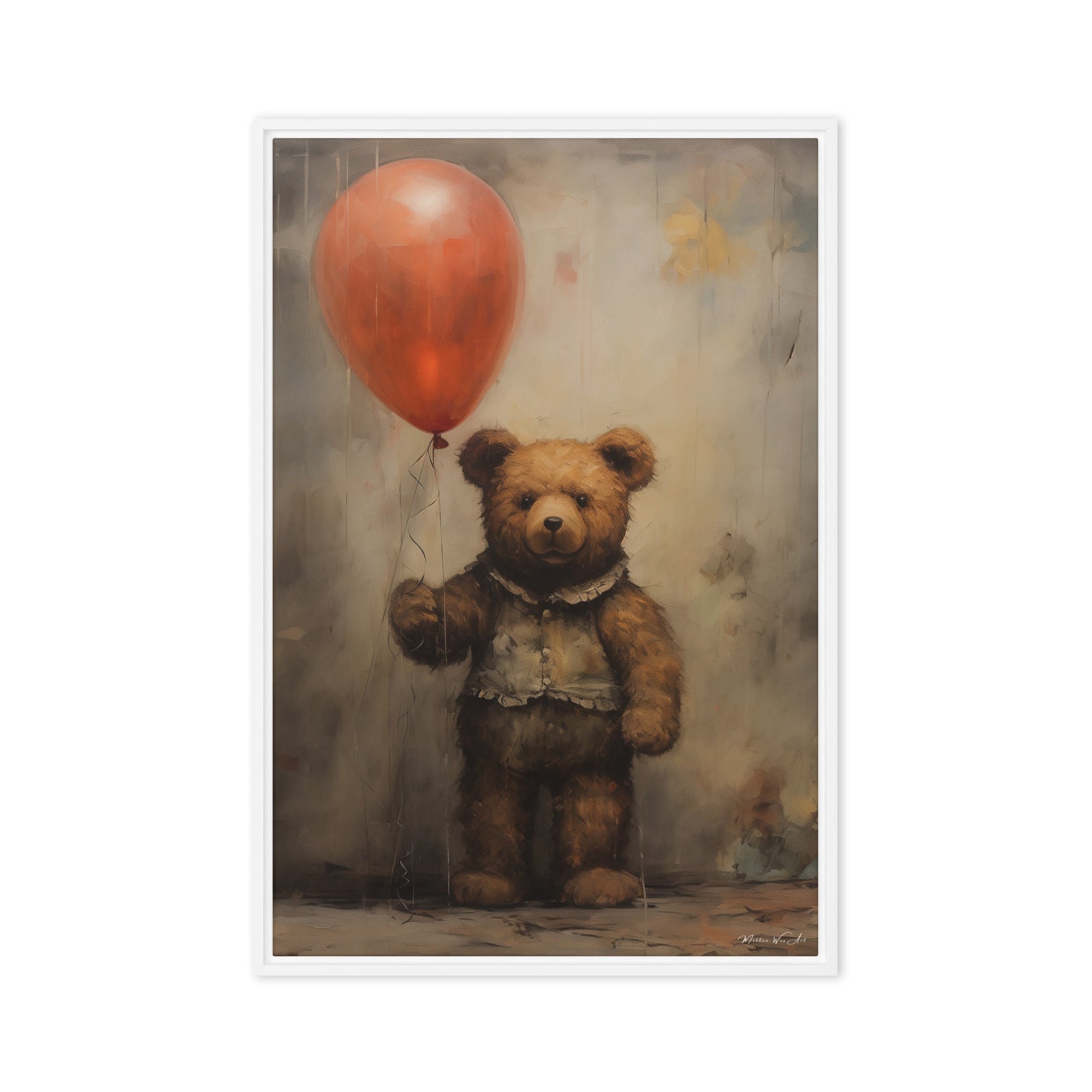 Encaustic Oil Print: Teddy Bear with Red Balloon Framed Canvas - Pine Tree Frame - Milton Wes Art Framed Wall Art