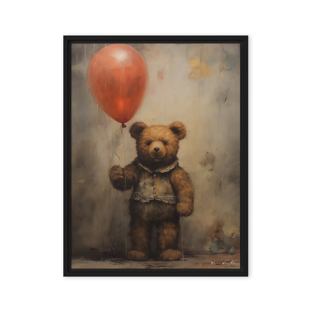 Encaustic Oil Print: Teddy Bear with Red Balloon Framed Canvas - Pine Tree Frame - Milton Wes Art Framed Wall Art