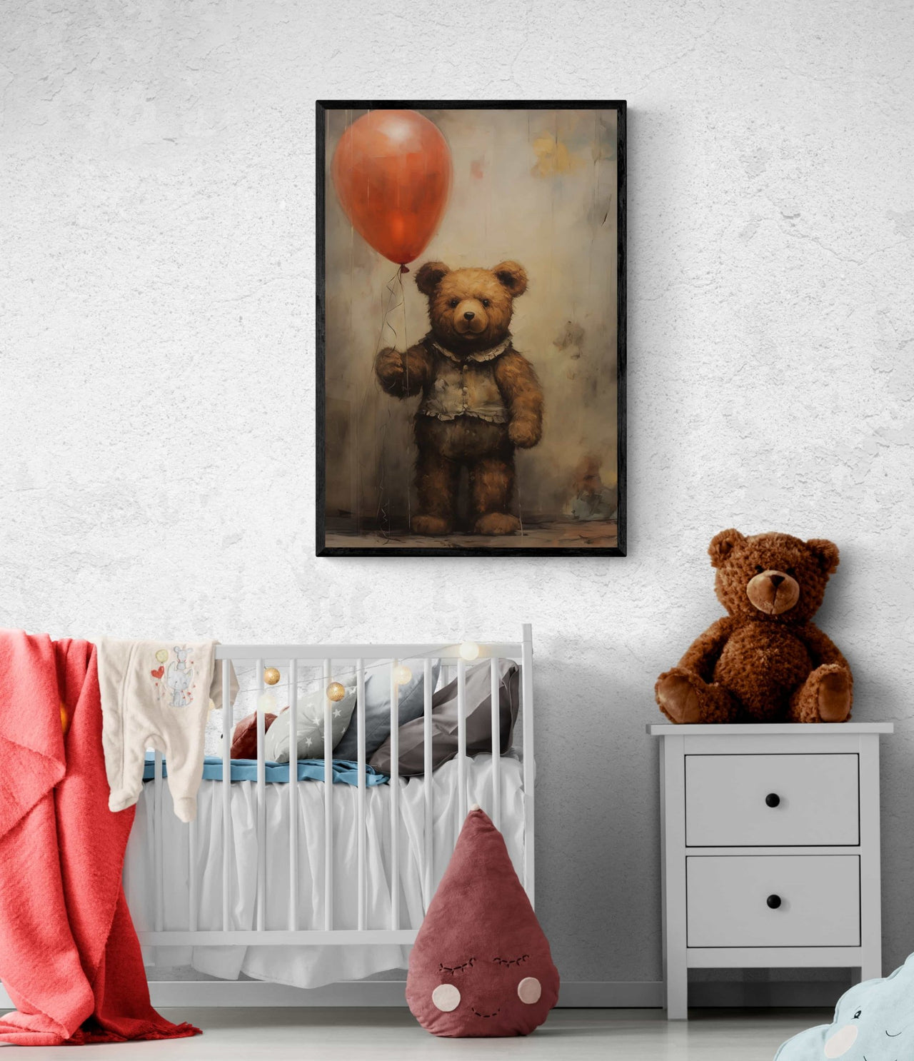 Encaustic Oil Painting: Teddy Bear with Red Balloon Framed Canvas - Pine Tree Frame - Milton Wes Art Framed Wall Art