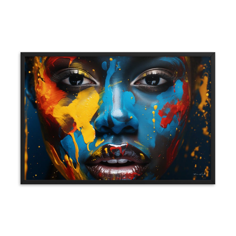 Close-up portrait of a face with abstract colorful paint splatters in blue, yellow, and red hues, highlighting expressive eyes and lips