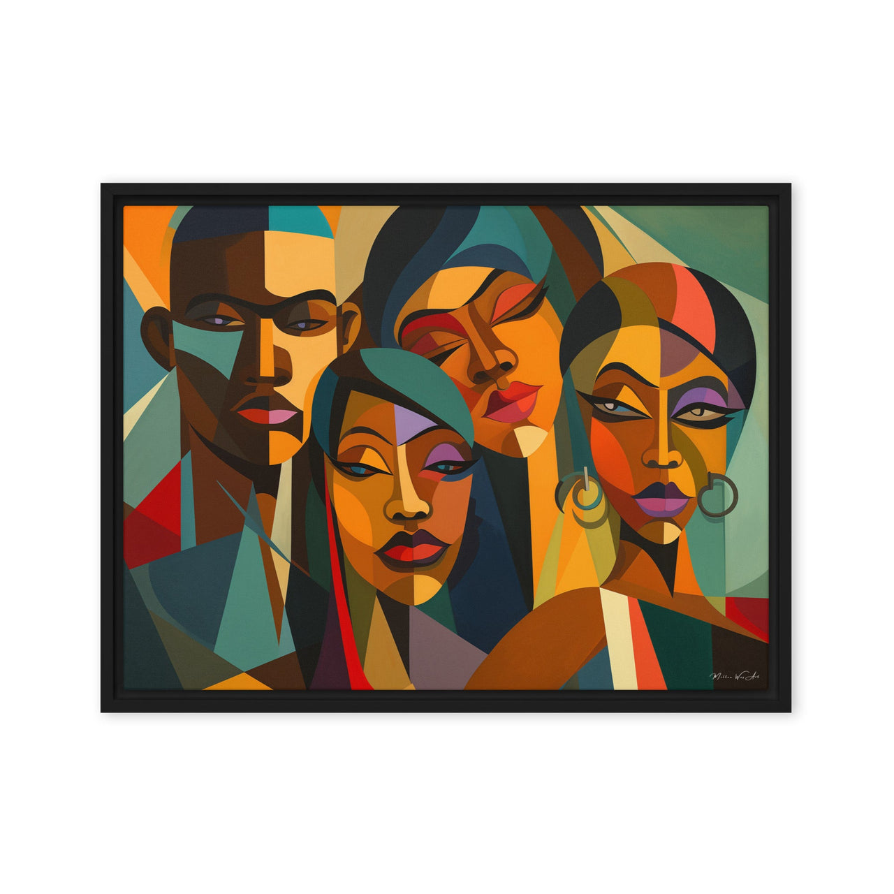 Striking framed canvas print from Milton Wes Art featuring a collage of abstract faces with warm tones, hung above a vintage green tufted sofa, available at miltonwesart.com, Harlem NYC