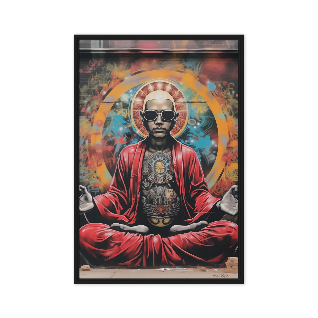 Framed canvas print from Milton Wes Art, depicting a serene, meditative figure in red, with intricate spiritual motifs, set against an energetic, abstract halo, enhancing the contemplative atmosphere of the room