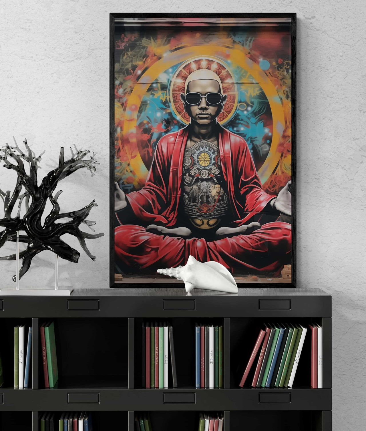 Framed canvas print from Milton Wes Art, depicting a serene, meditative figure in red, with intricate spiritual motifs, set against an energetic, abstract halo, enhancing the contemplative atmosphere of the room