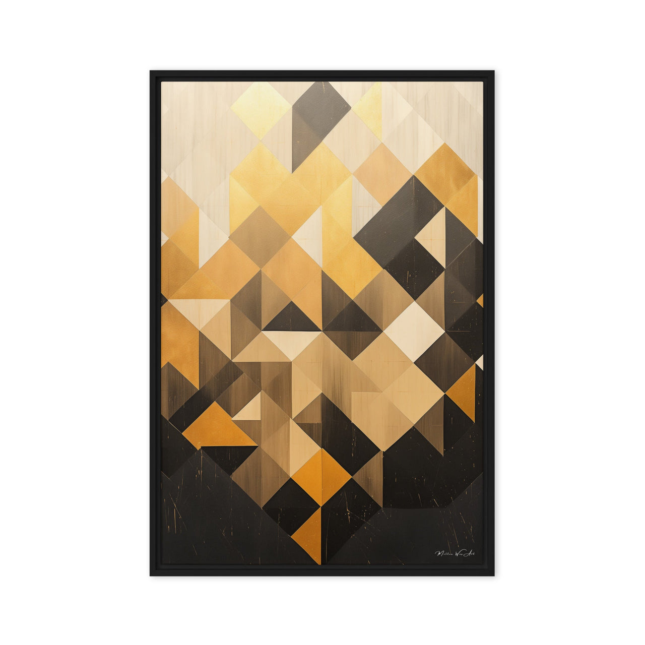 Contemporary golden and black geometric canvas print by Milton Wes Art, elegantly displayed on a marble wall above a modern office desk setup in a well-lit room