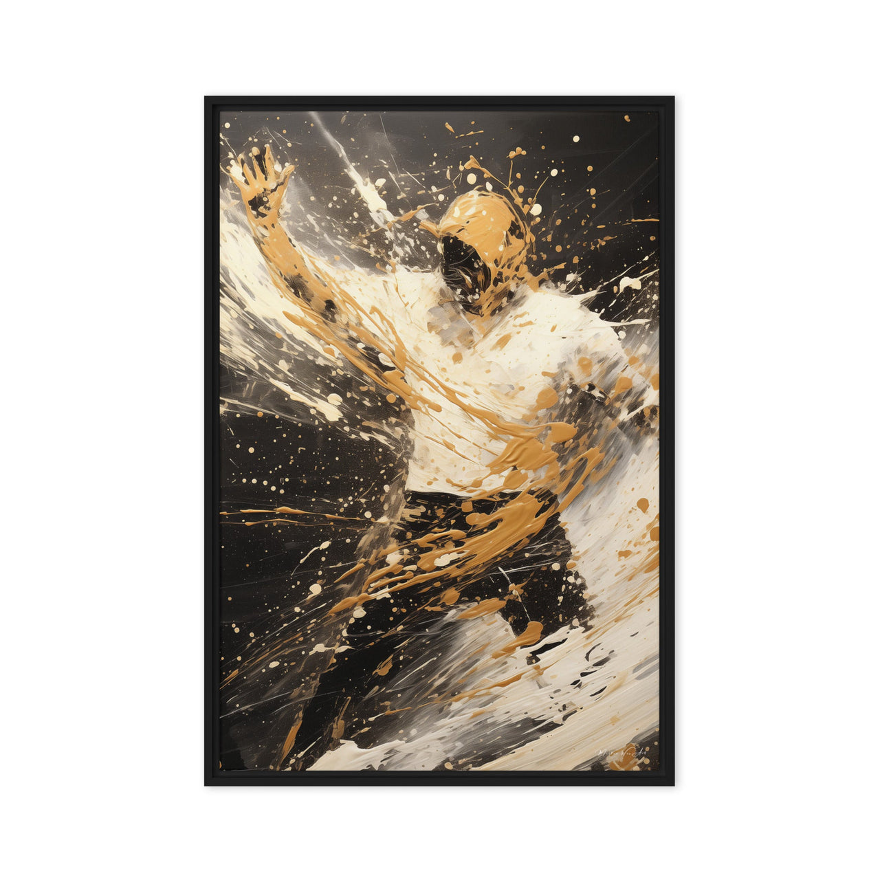 Modern Abstract Floating Canvas Print - Pine Frame with Gold, White, Black Splatter Art - Milton Wes Art Framed Wall Art