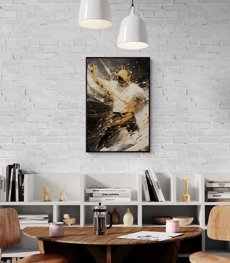 Contemporary abstract expressionist painting from Milton Wes Art in Harlem, NYC, featuring dynamic black, white, and gold strokes, available for purchase online.