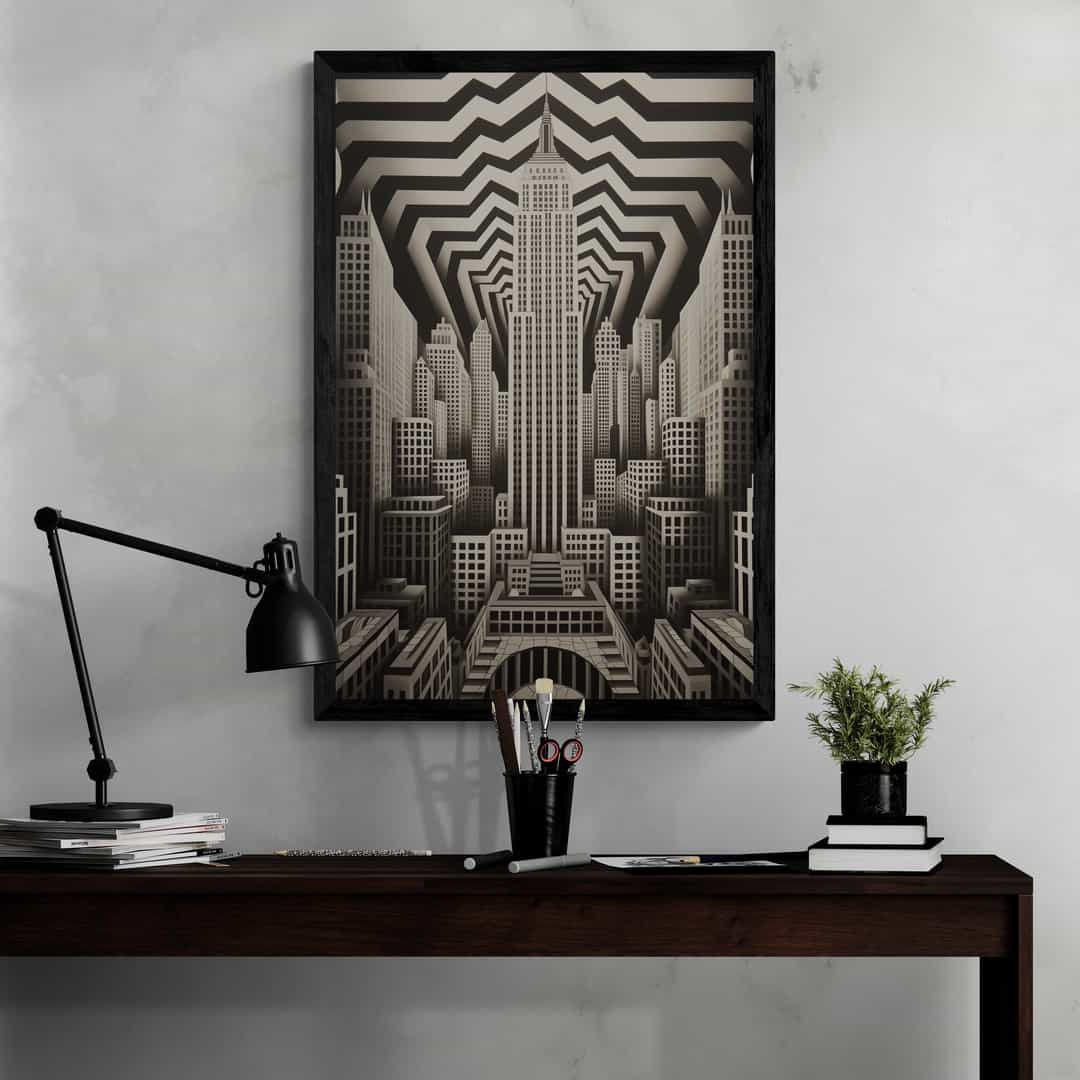 Art deco-inspired cityscape artwork from Milton Wes Art at miltonwesart.com, featuring monochromatic skyscrapers with bold geometric patterns, elegantly displayed above a dark wooden desk with a modern black lamp and decorative greenery.