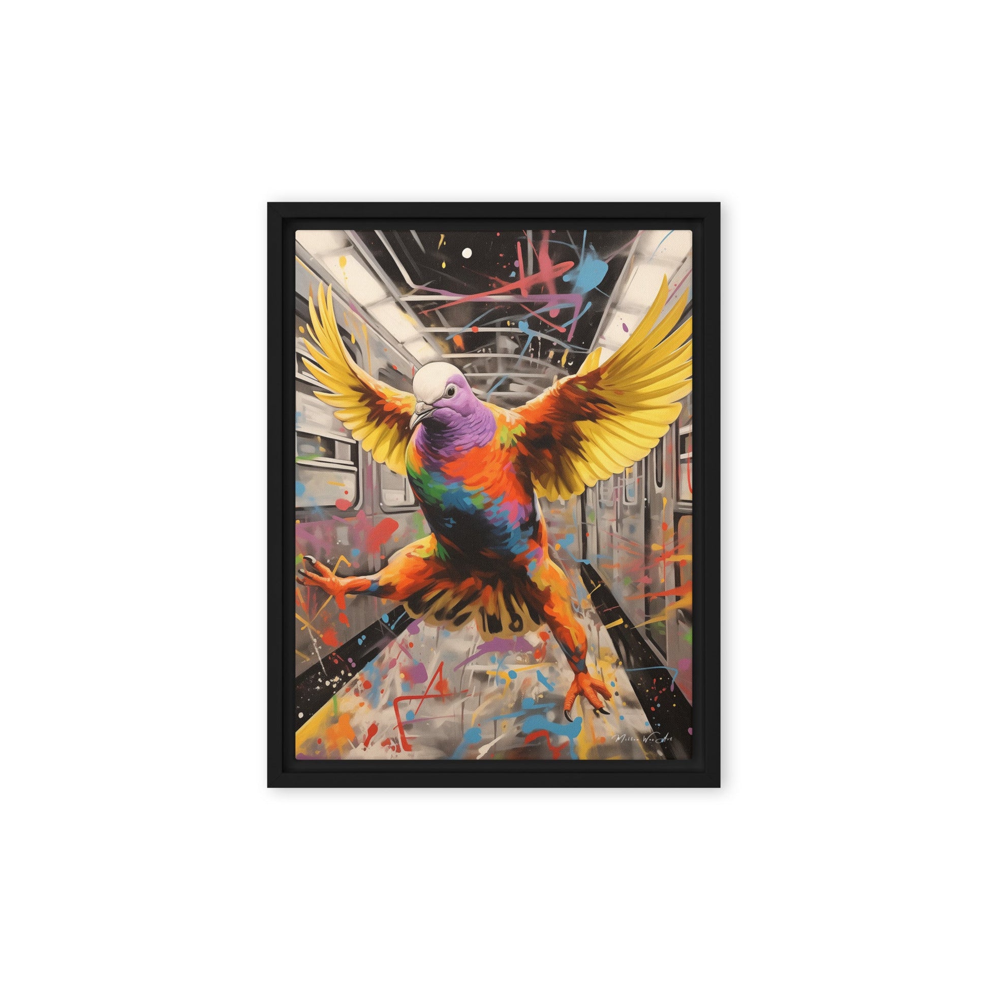 Pigeon in Transit - NYC Inspired Framed Canvas Art, Pine Tree Frame with Floating Effect - Milton Wes Art Framed Wall Art