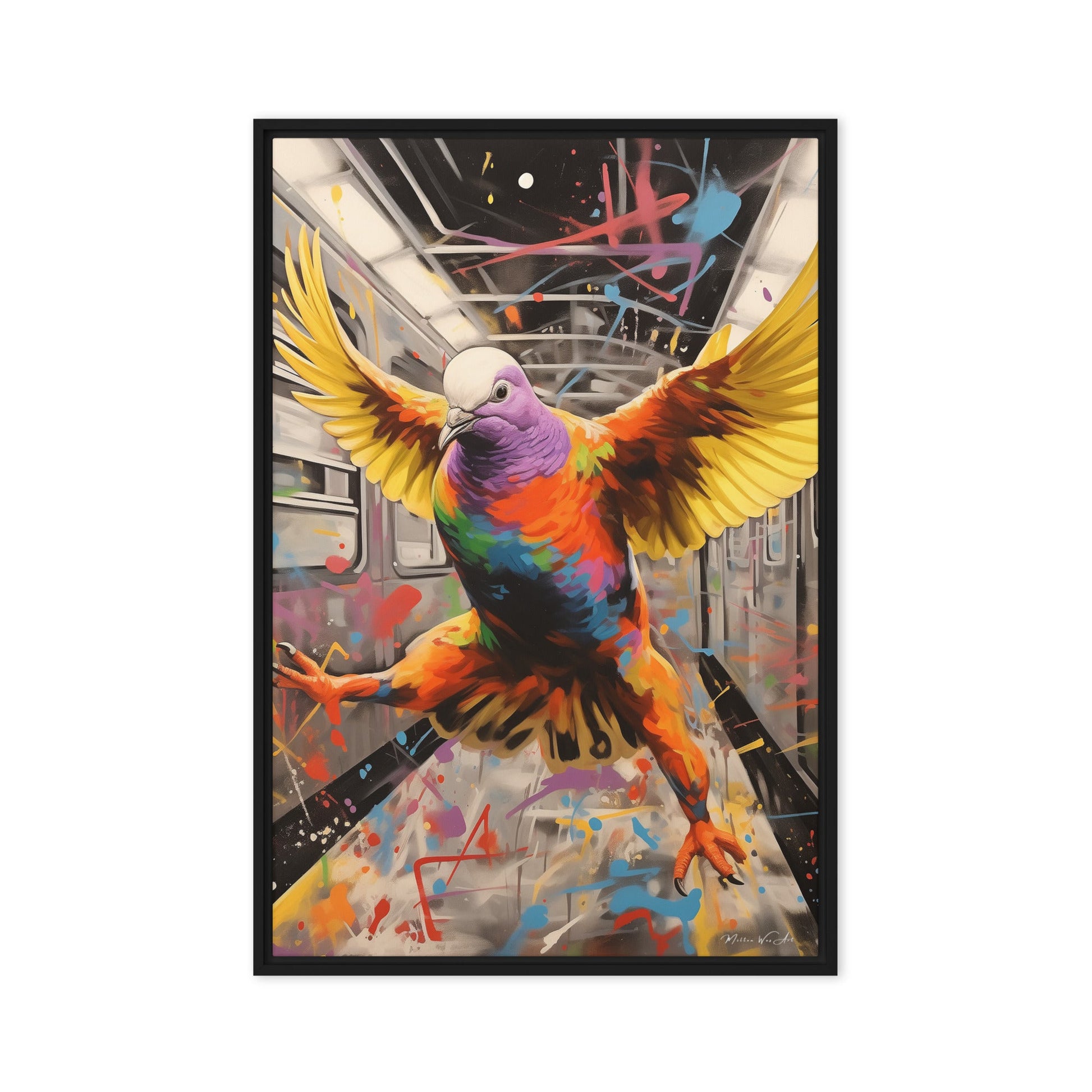 Pigeon in Transit - NYC Inspired Framed Canvas Art, Pine Tree Frame with Floating Effect - Milton Wes Art Framed Wall Art