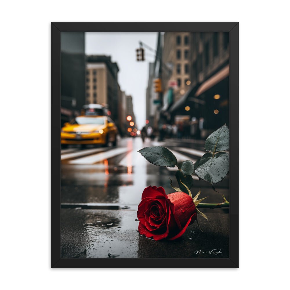 Rainy Day Romance: Red Rose in NYC Framed Photo Paper Poster - Milton Wes Art Framed Wall Art