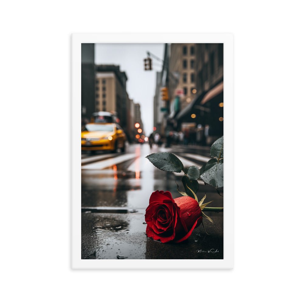 Rainy Day Romance: Red Rose in NYC Framed Photo Paper Poster - Milton Wes Art Framed Wall Art