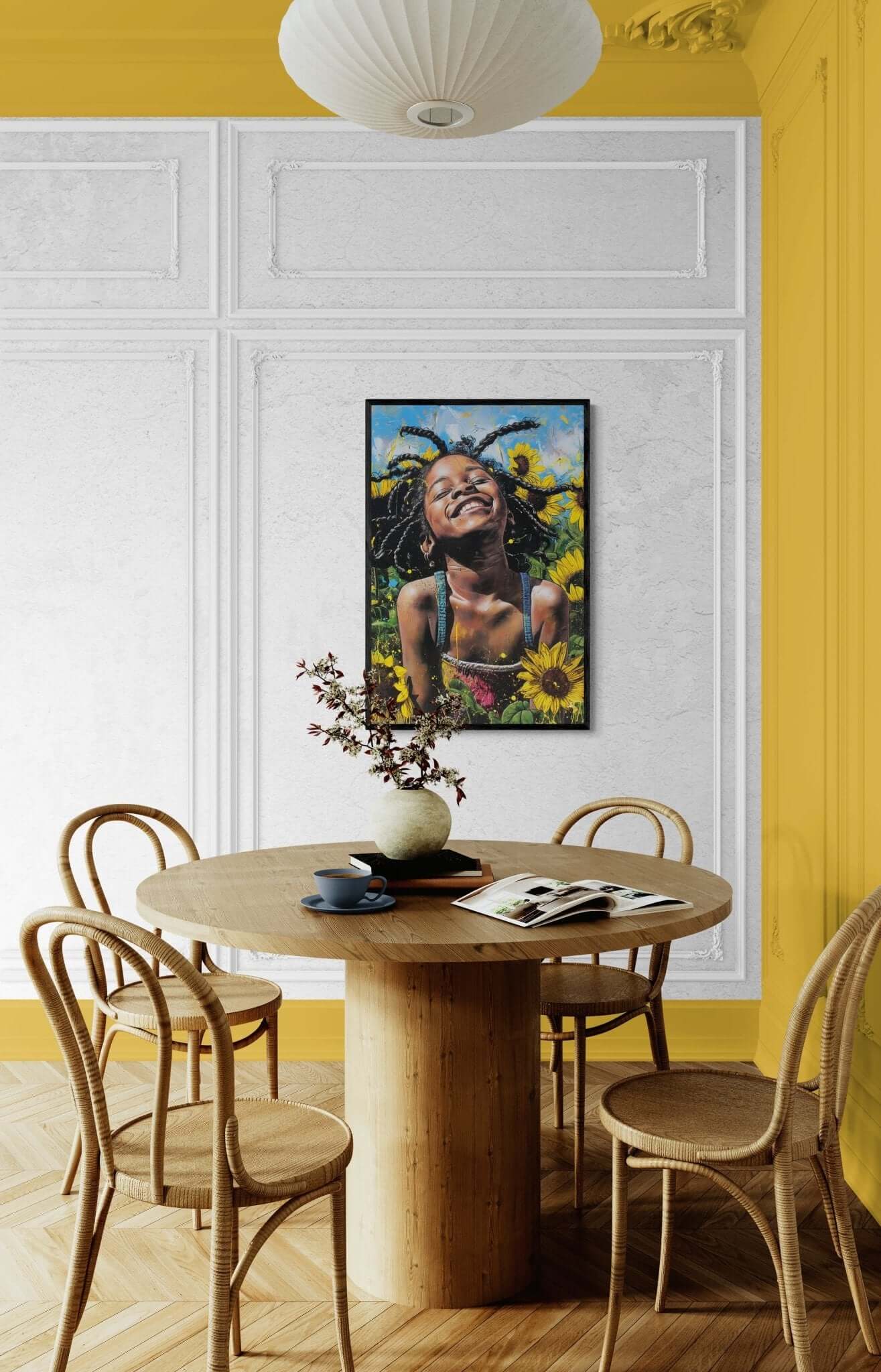 Elegant African-inspired art print ‘Sunflower Bliss - Child in Sunflower Field Canvas Art’, capturing rich cultural heritage in a contemporary style by Milton Wes Art.