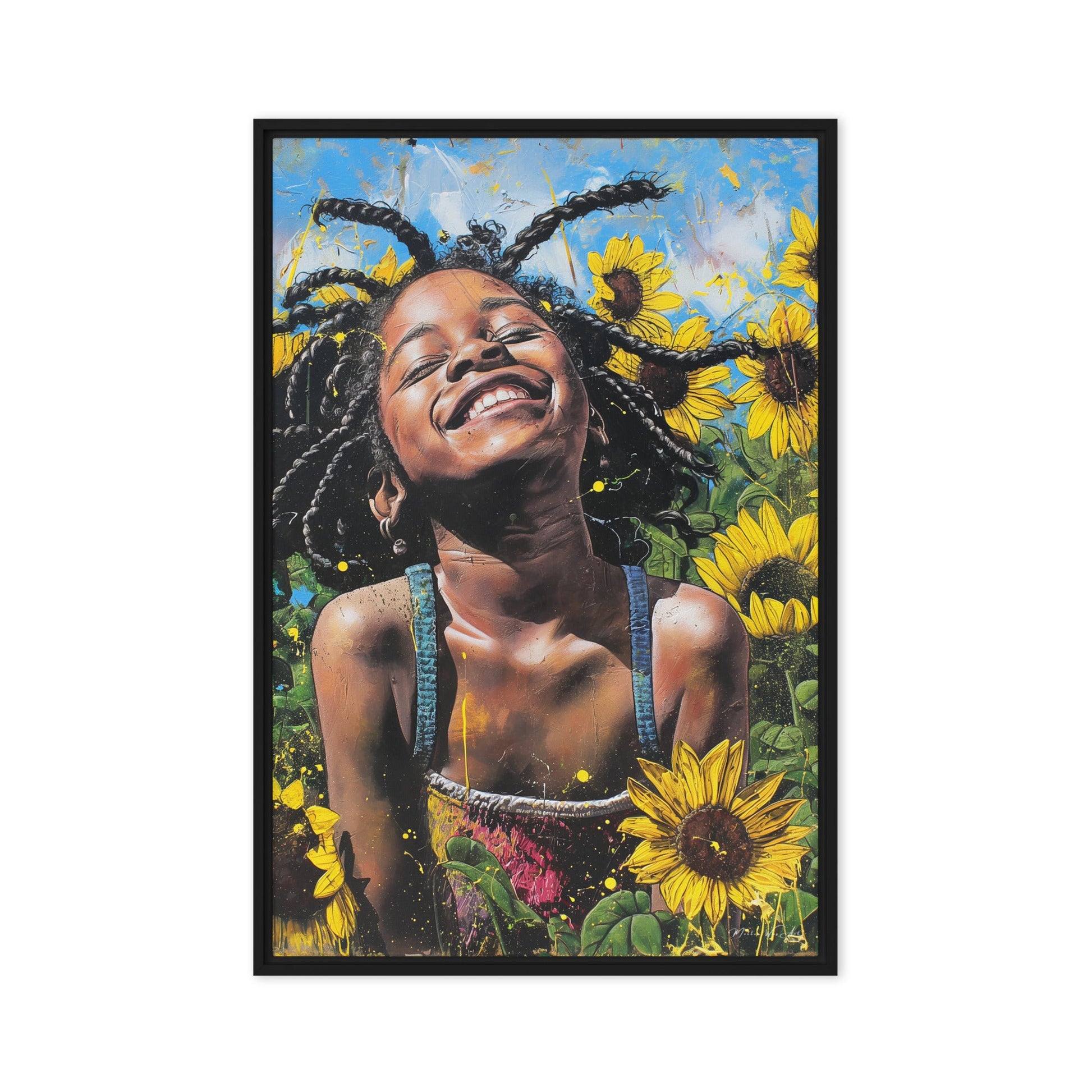 "Sunflower Serenade: Vibrant Graffiti Street Art Canvas - African-American Girl Frolicking in Nature" - Milton Wes Art Framed Wall Art