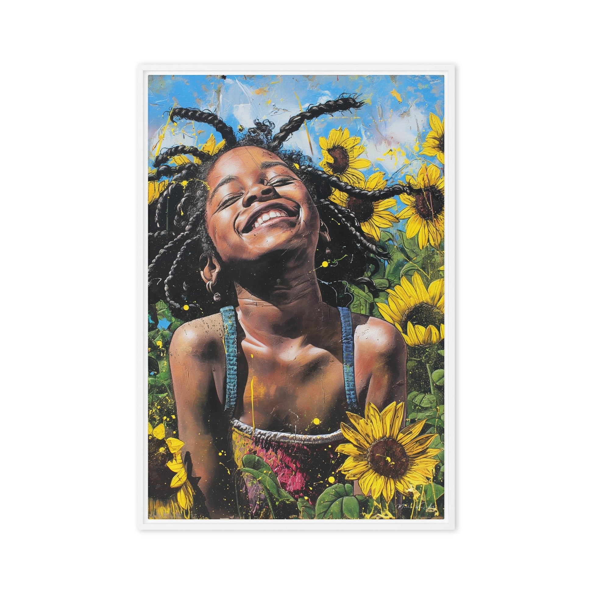 "Sunflower Serenade: Vibrant Graffiti Street Art Canvas - African-American Girl Frolicking in Nature" - Milton Wes Art Framed Wall Art