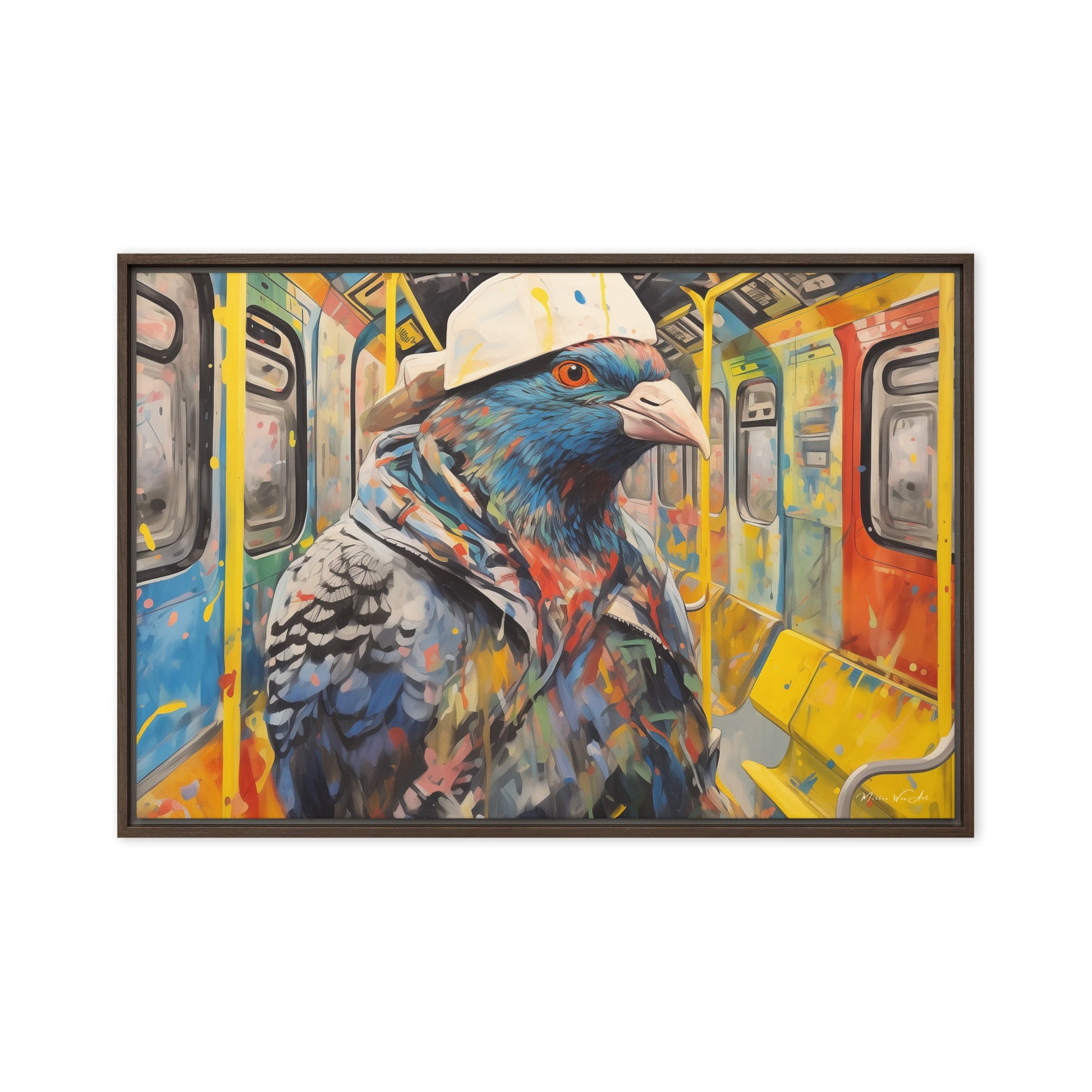 Urban Fusion: NYC Pigeon on Graffiti Subway Train - Framed Canvas Print - Milton Wes Art Framed Wall Art