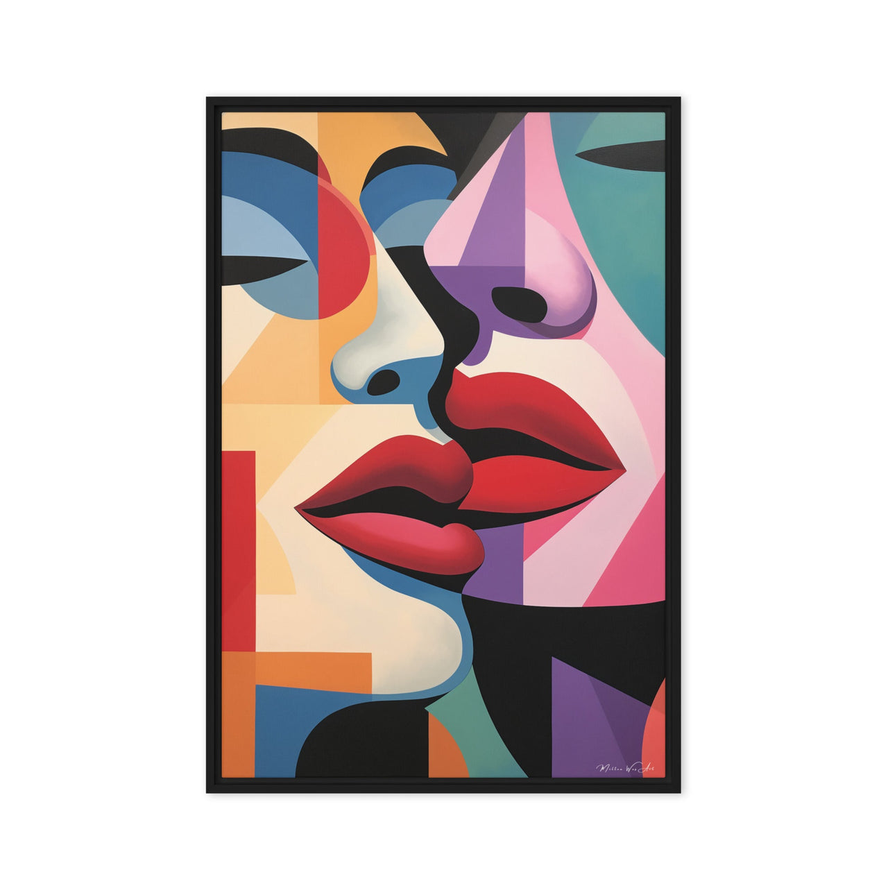 Milton Wes Art's framed canvas featuring a stylized portrayal of abstract faces with bold red lips and contrasting shapes, from the Harlem-based online retailer miltonwesart.com