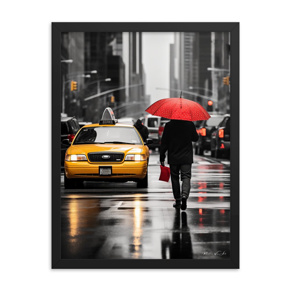 Selective color photography artwork from Milton Wes Art, capturing a New York City street scene with a bright yellow taxi and a pedestrian holding a red umbrella, mounted on a textured wall above a bookshelf.