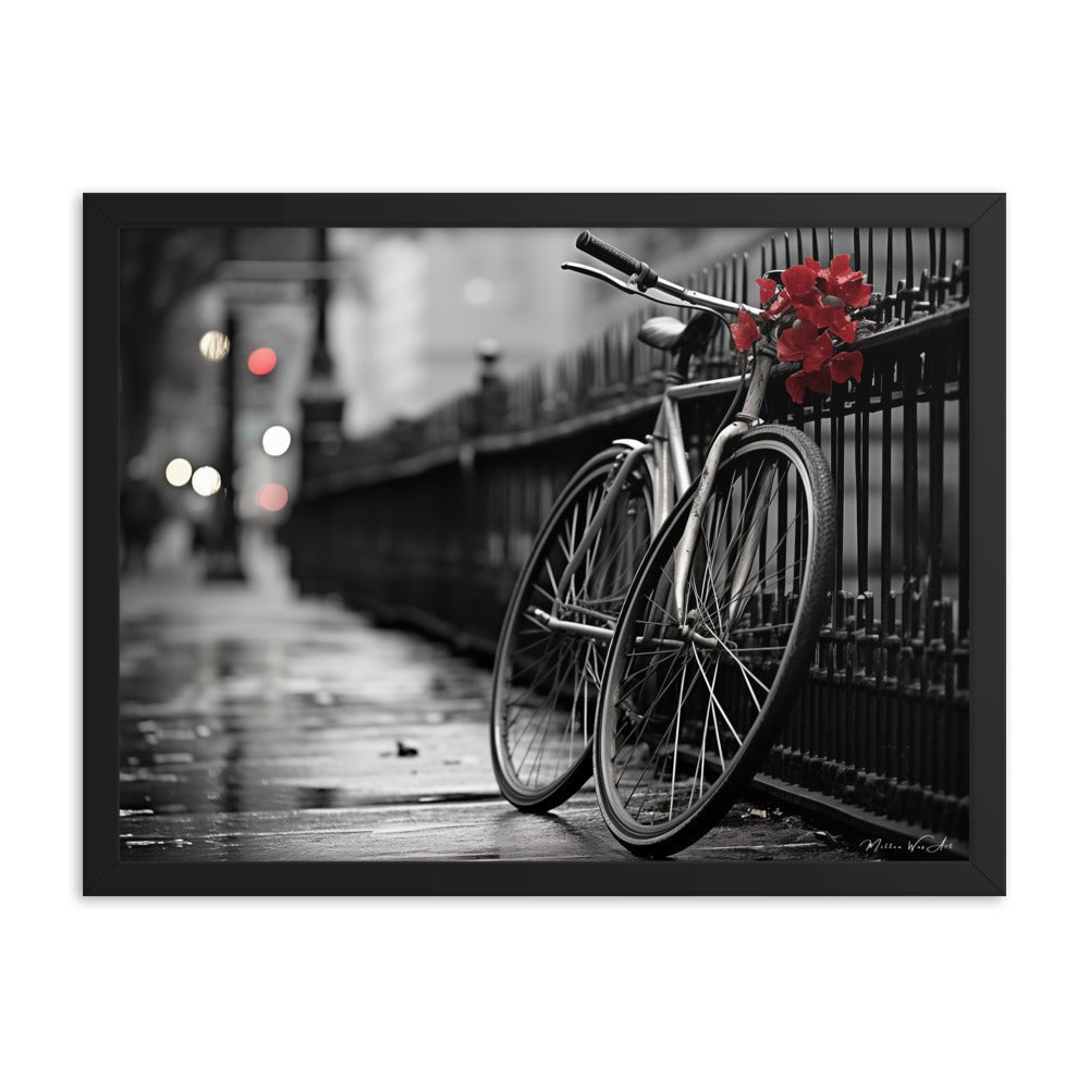 Framed poster print from Milton Wes Art, featuring a selective color photograph of a vintage bicycle adorned with red flowers against a wrought-iron fence on a wet urban sidewalk, capturing a serene yet poignant city moment